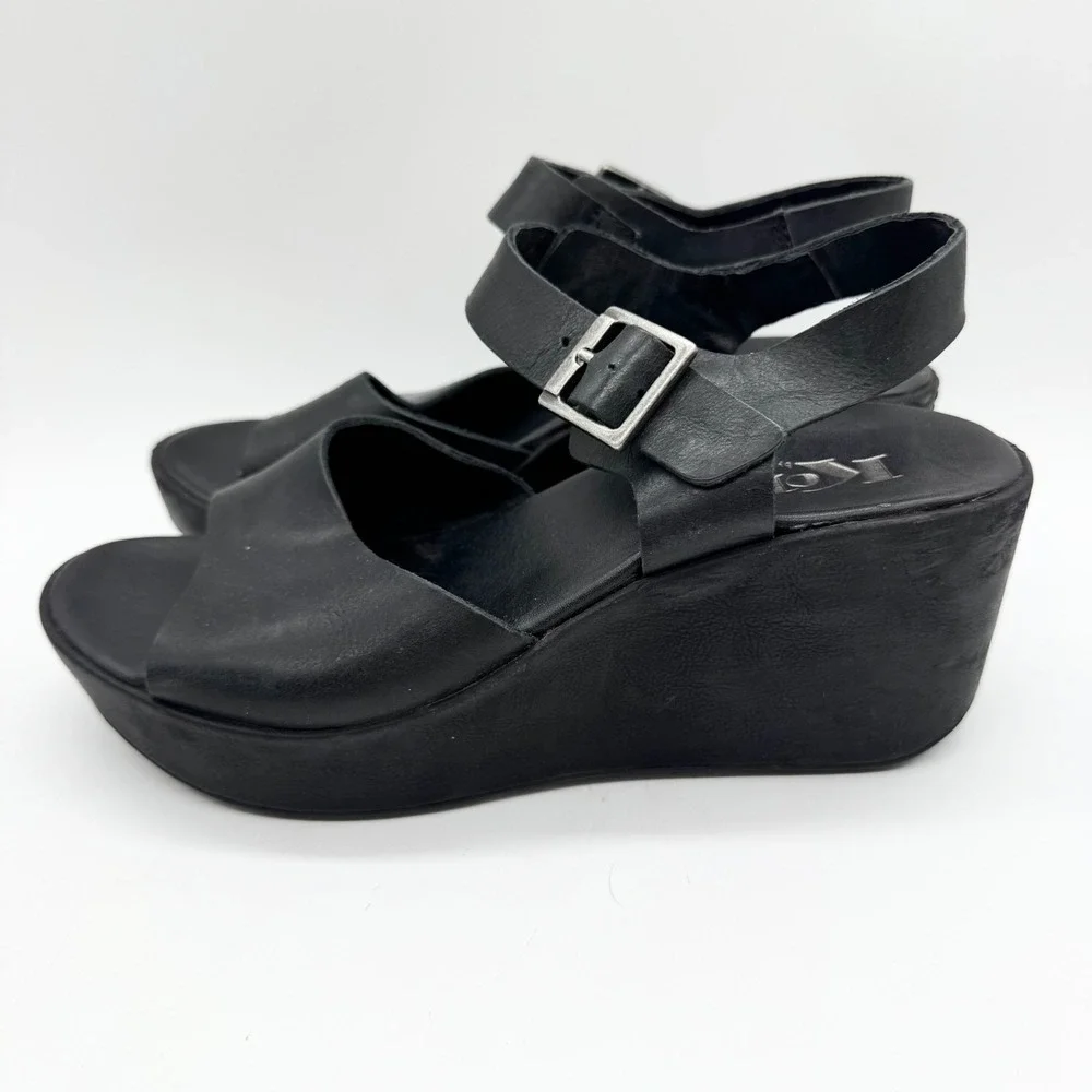 Korks‎ by Kork-Ease Black Leather Platform Wedge Sandals Size 6 Boho Minimalist